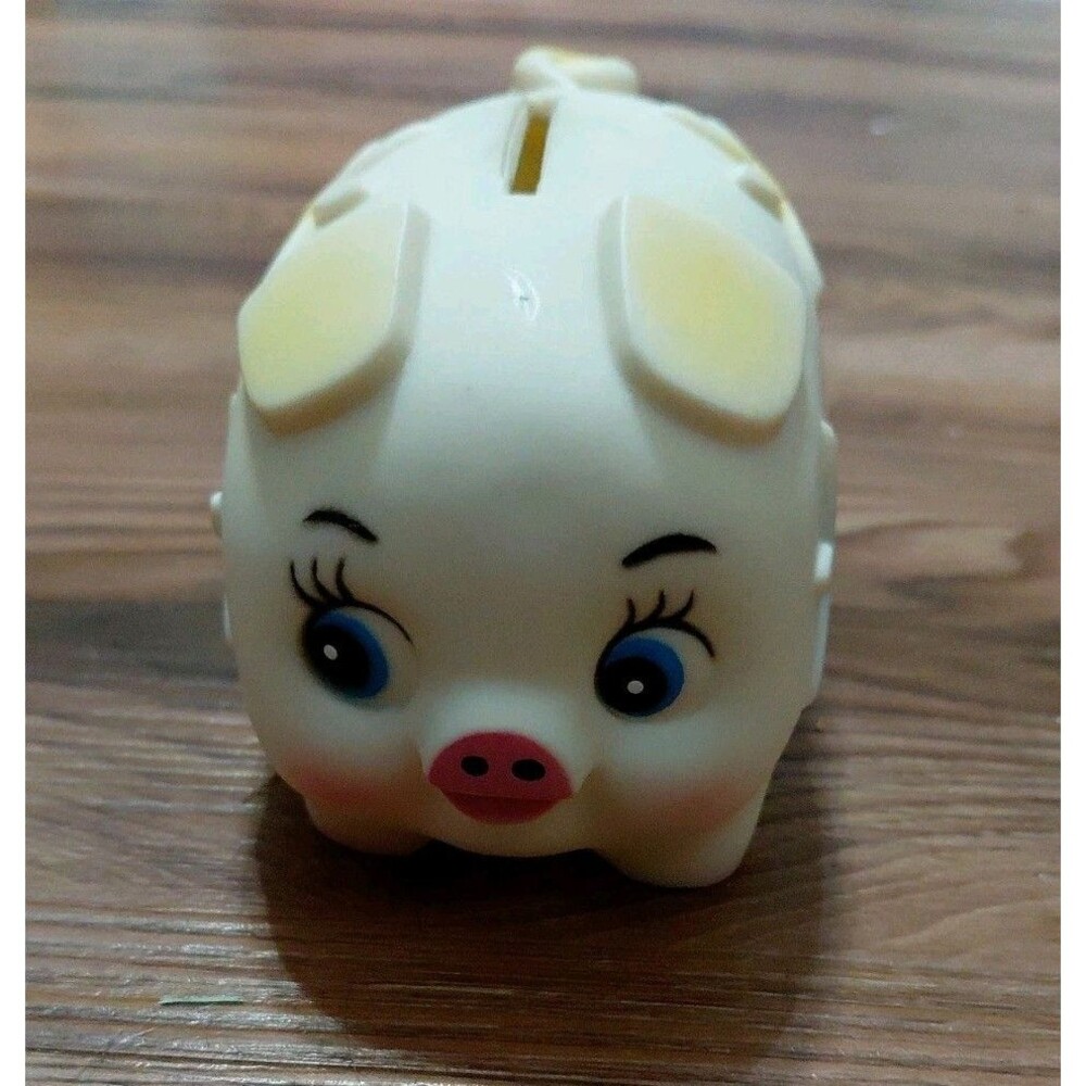 Vintage The First Years Piggy Bank W/ stopper White Plastic Daisy Flowers 1978